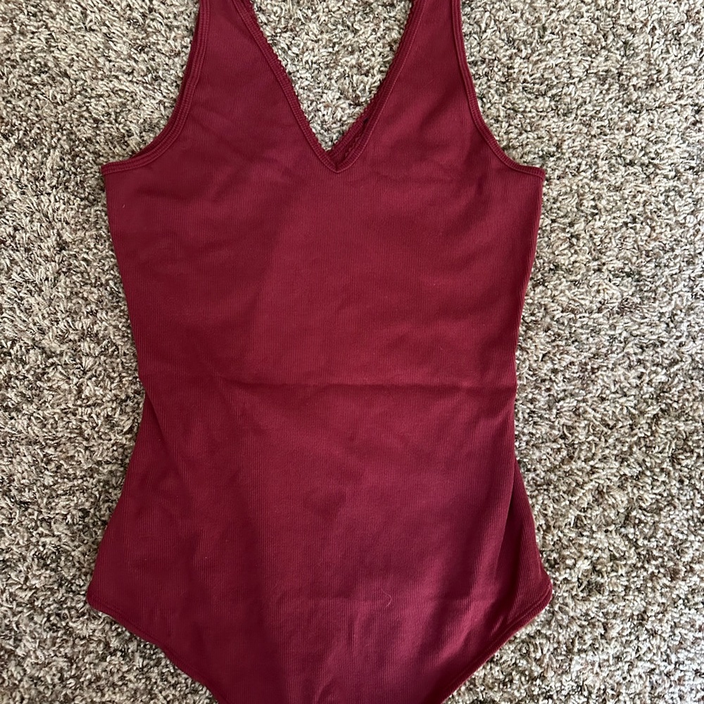 Abercrombie & Fitch Burgundy Bodysuit with V-Neck and Thin Straps